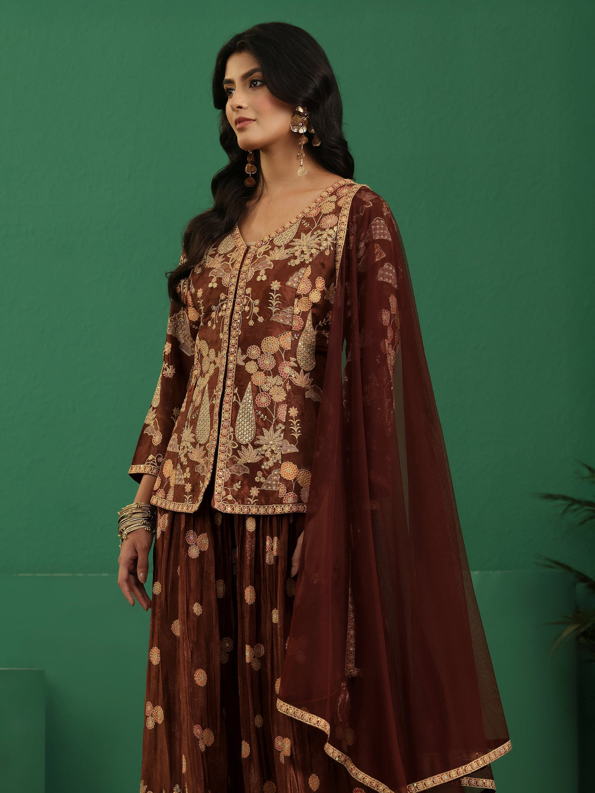 Anouk Art Brown Floral Embroidered Silk Blend Sharara Suit Set
