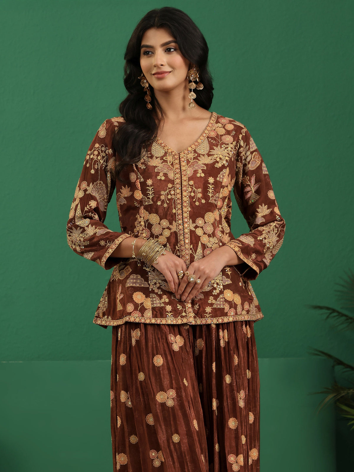 Anouk Art Brown Floral Embroidered Silk Blend Sharara Suit Set