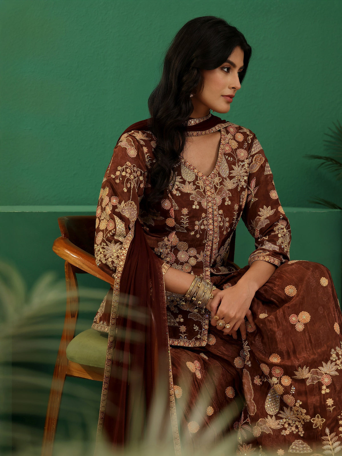 Anouk Art Brown Floral Embroidered Silk Blend Sharara Suit Set