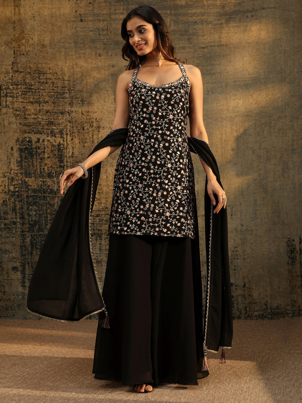 Anouk Art Black Strappy Floral Embroidered Georgette Palazzo Suit Set