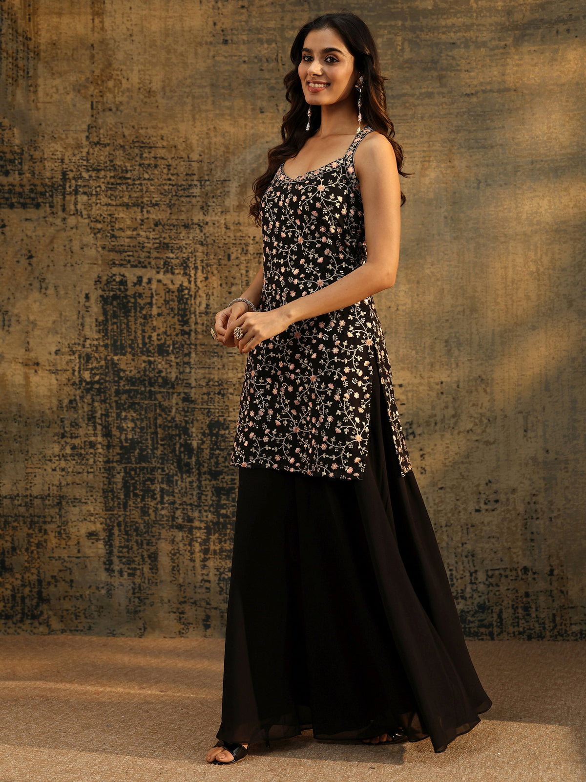 Anouk Art Black Strappy Floral Embroidered Georgette Palazzo Suit Set