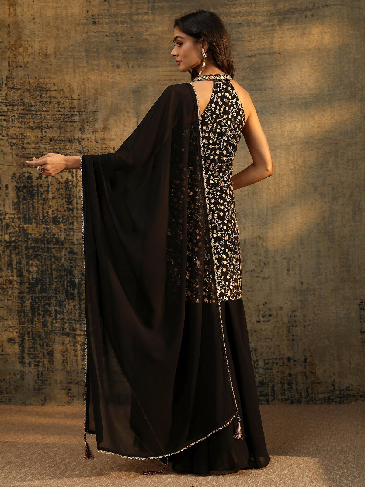 Anouk Art Black Strappy Floral Embroidered Georgette Palazzo Suit Set