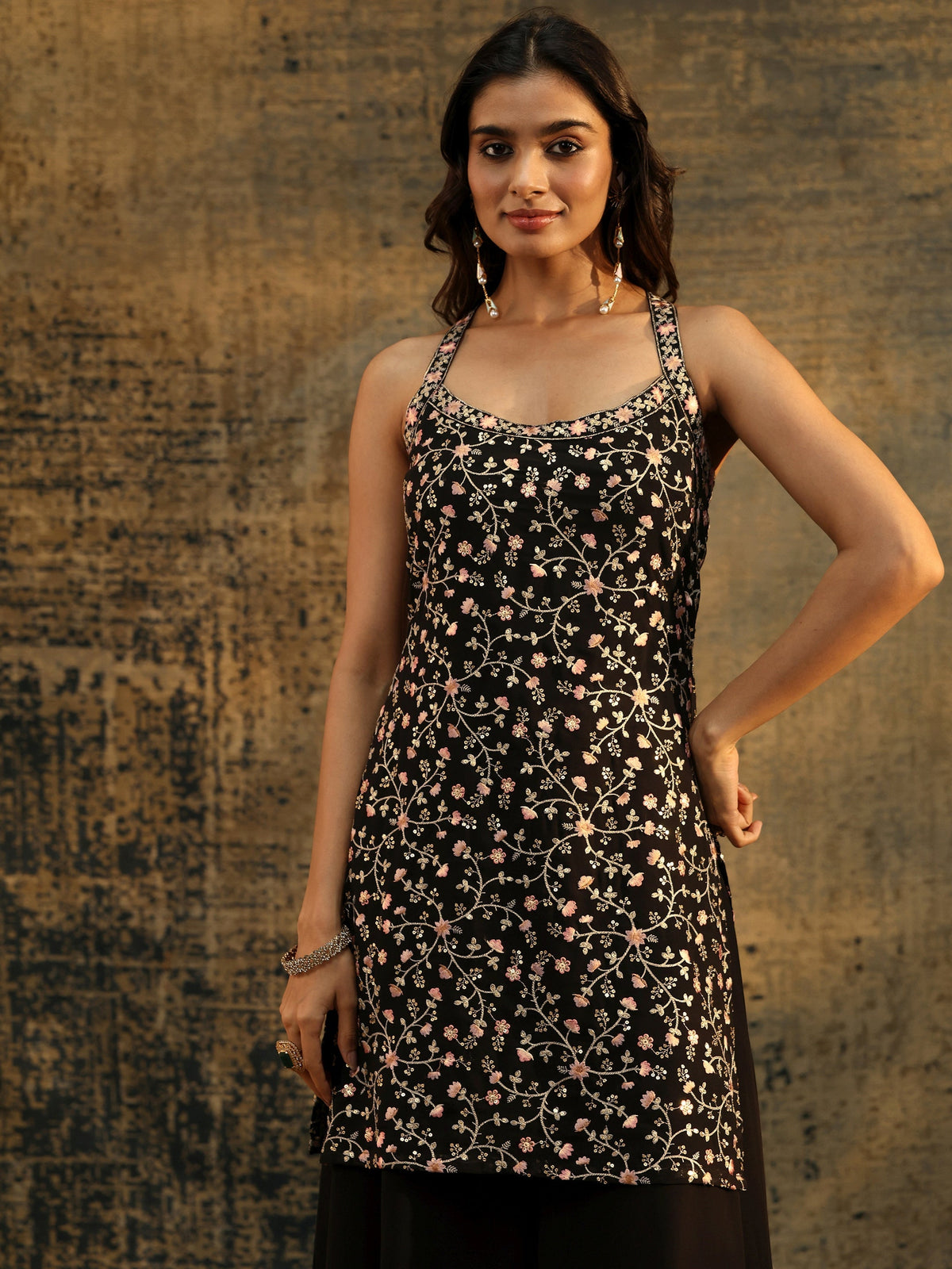 Anouk Art Black Strappy Floral Embroidered Georgette Palazzo Suit Set