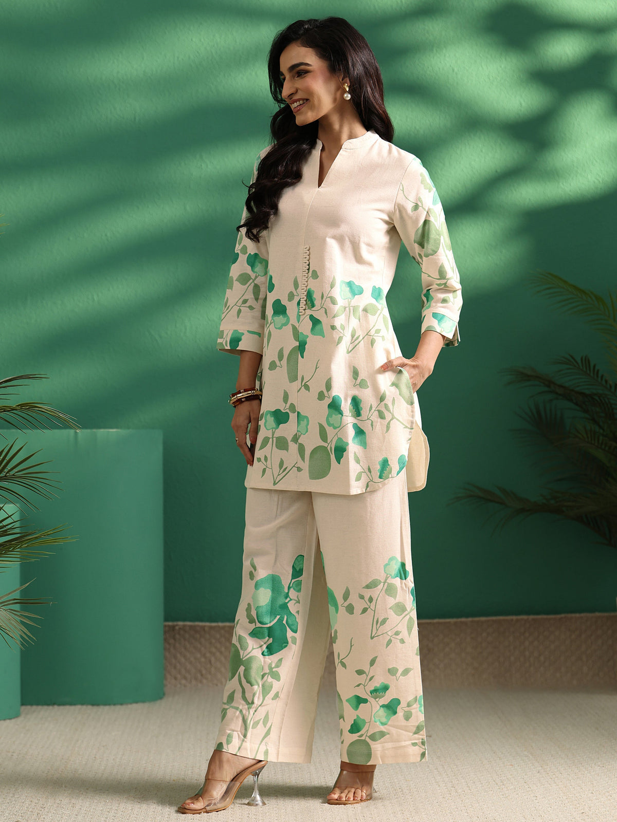 Anouk Off White Tropical Printed Cotton Co-Ord Set