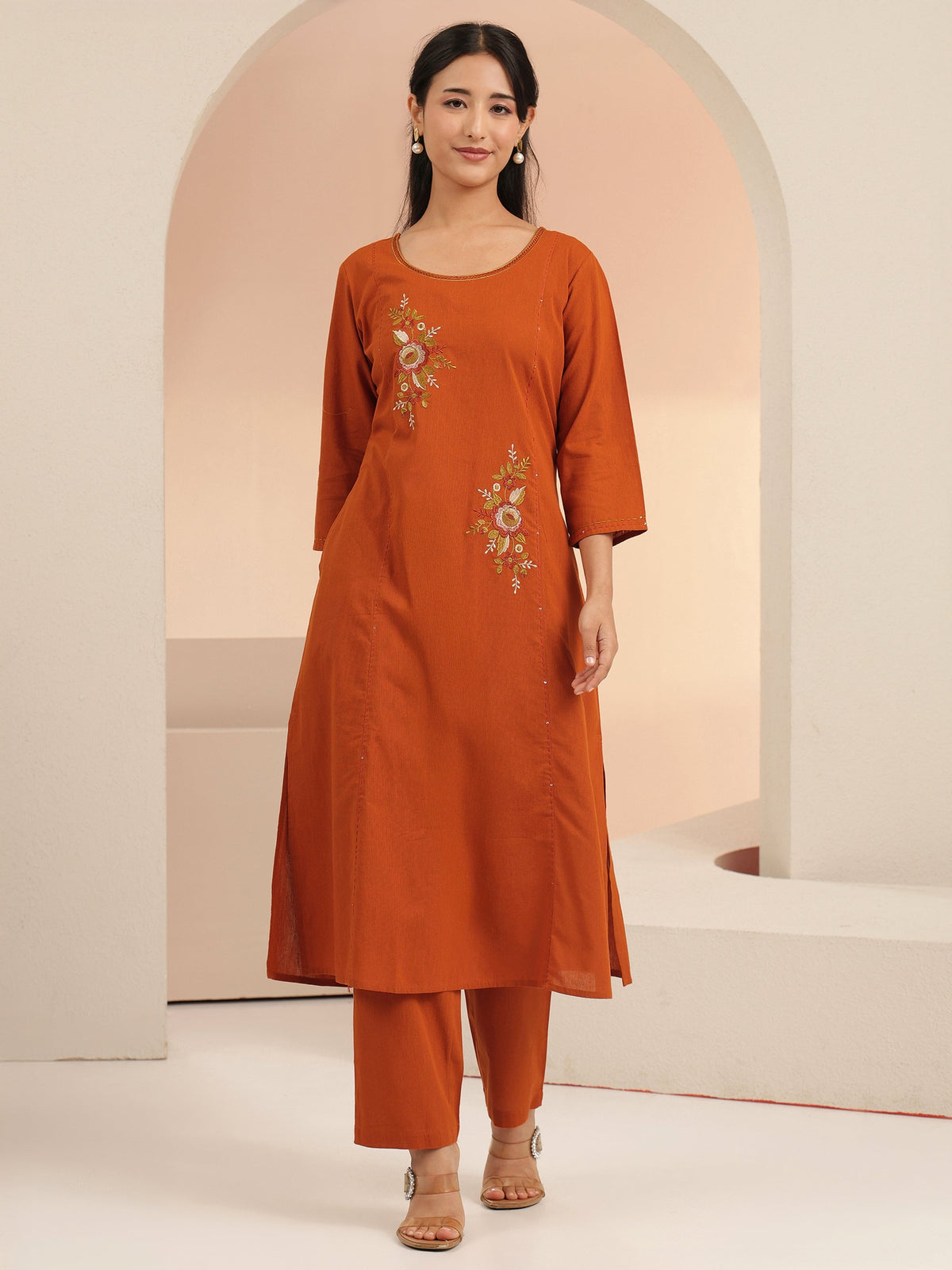 Anouk Rust Floral Embroidered Cotton Co-Ord Set