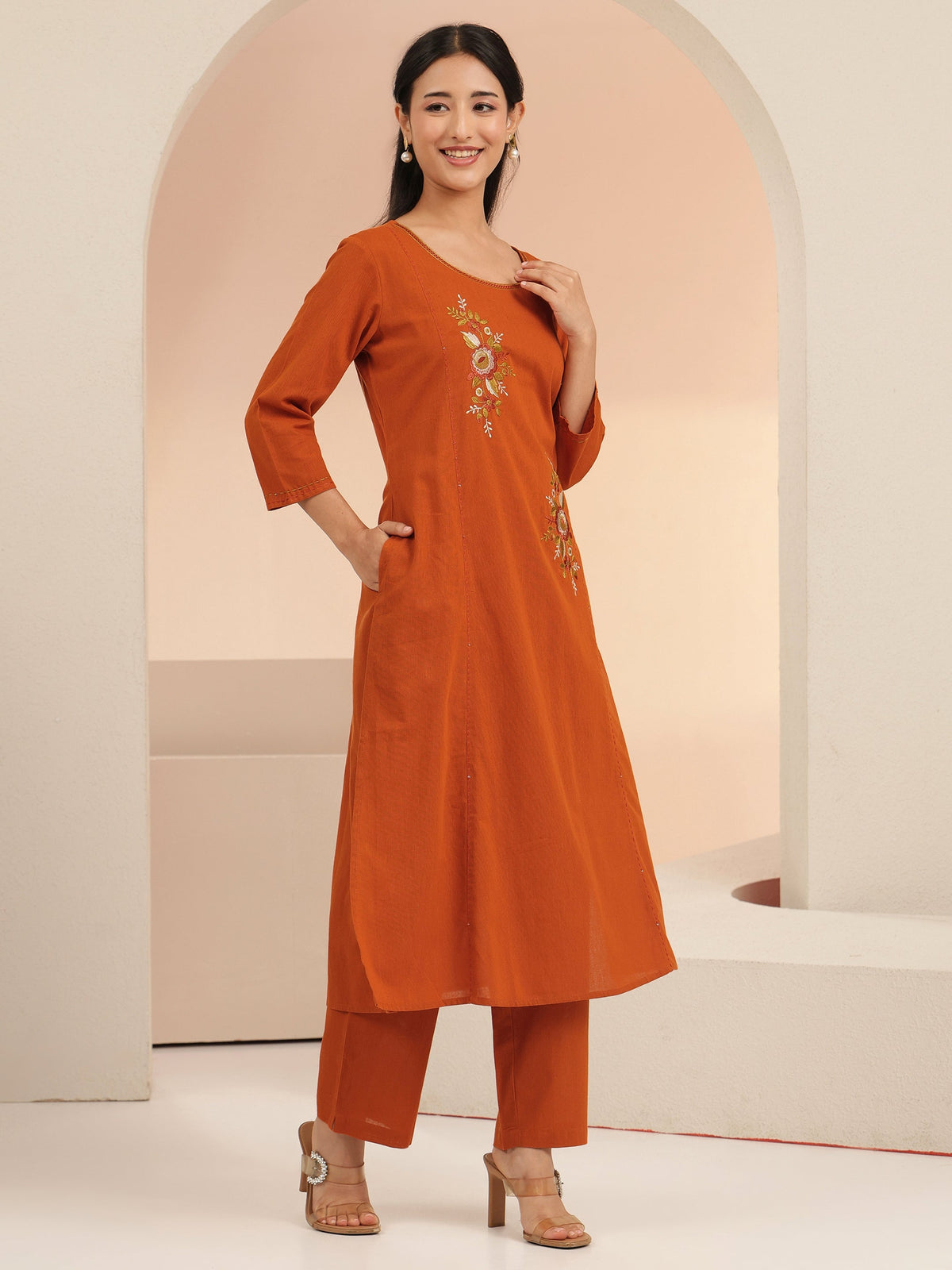 Anouk Rust Floral Embroidered Cotton Co-Ord Set