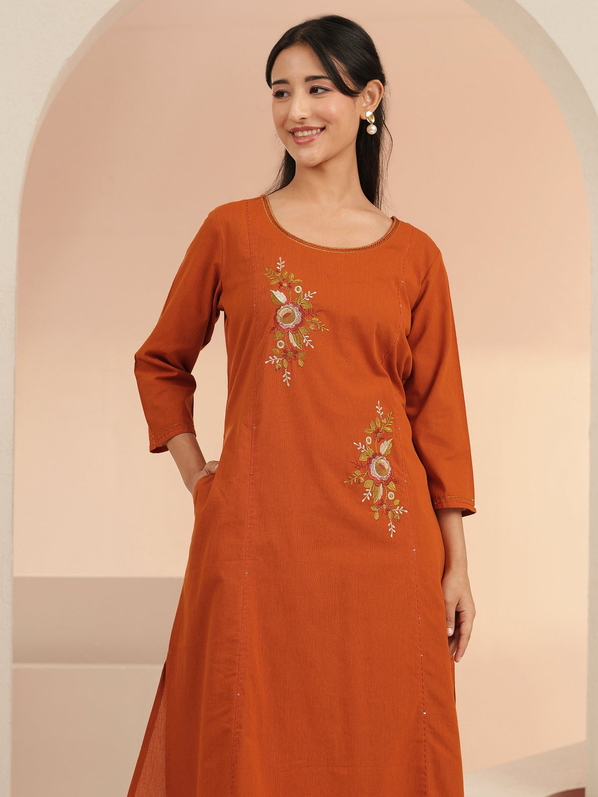 Anouk Rust Floral Embroidered Cotton Co-Ord Set