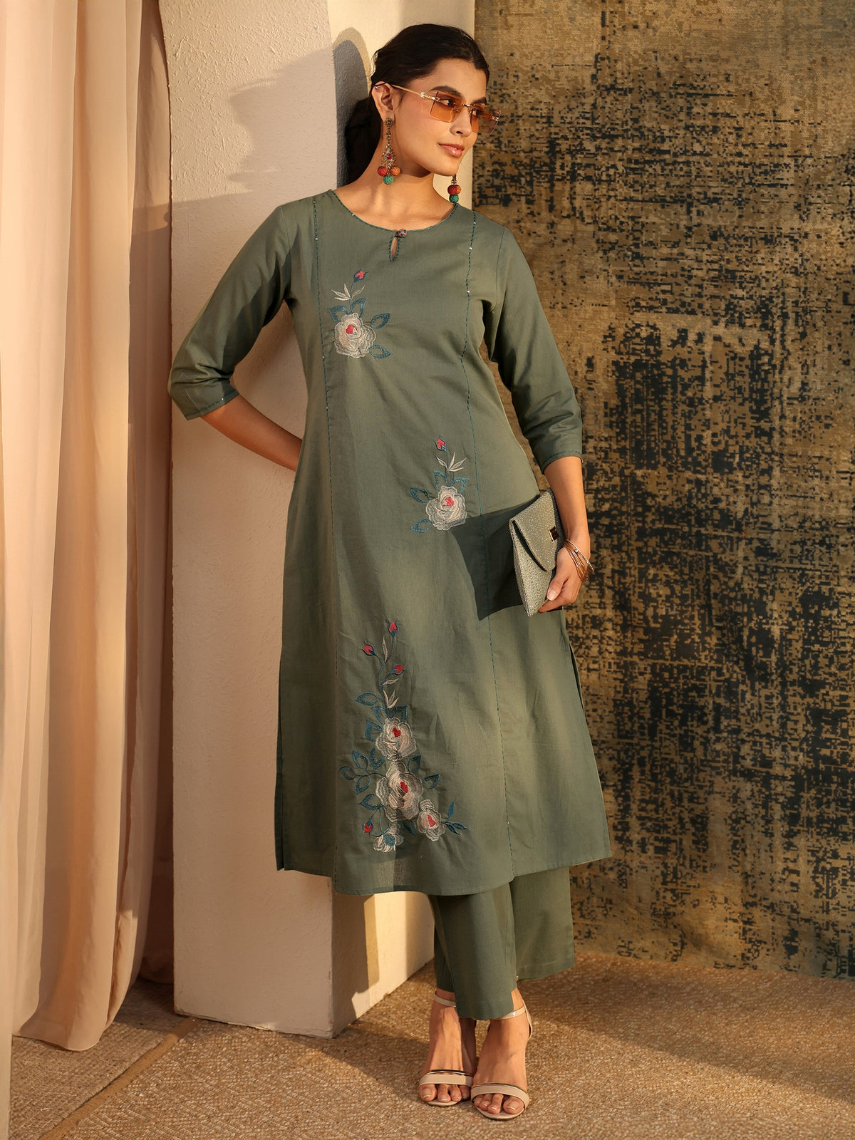 Anouk Olive Green Floral Embroidered Cotton Co-Ord Set