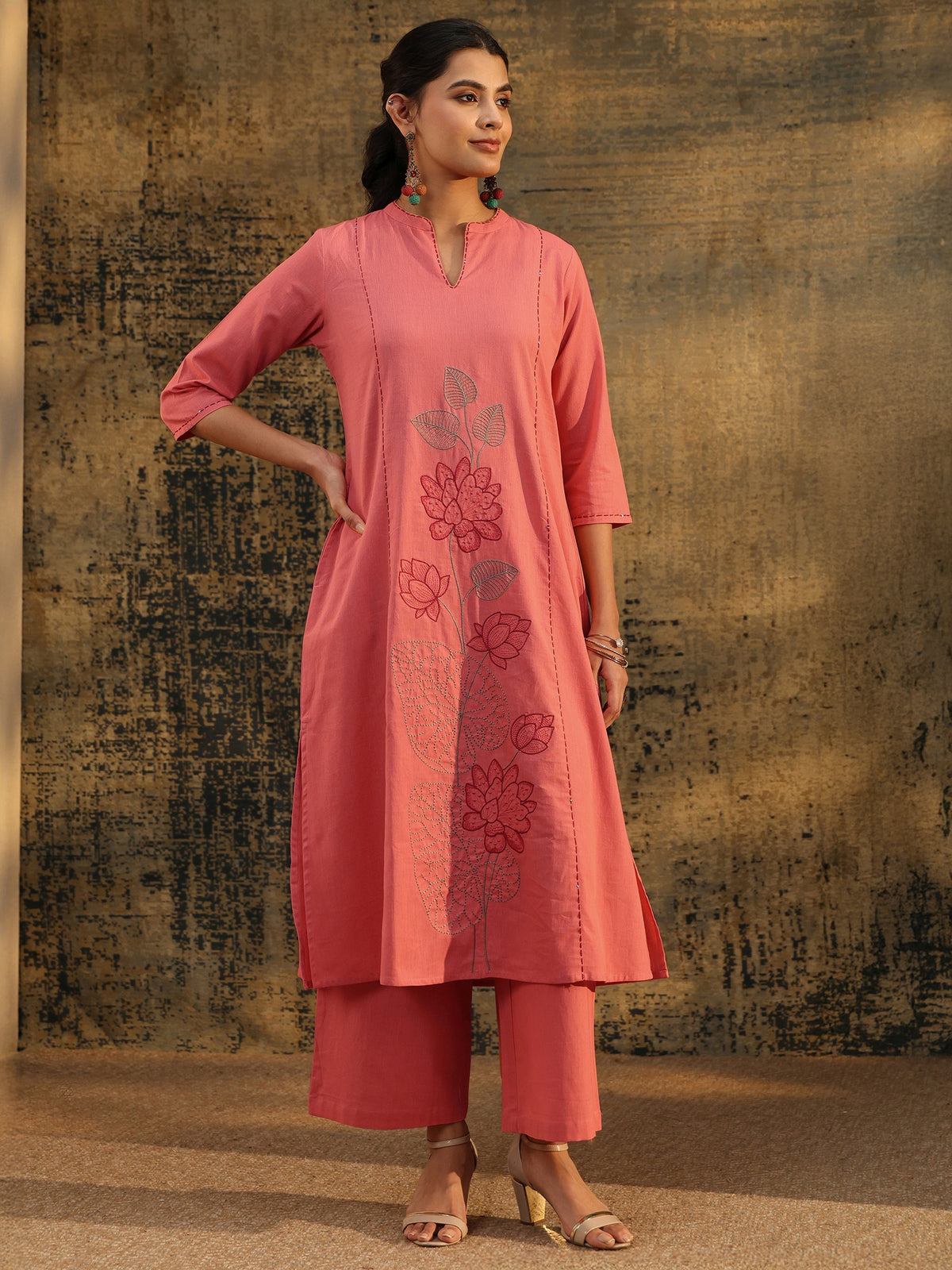 Anouk Peach Pink Floral Embroidered Cotton Co-Ord Set