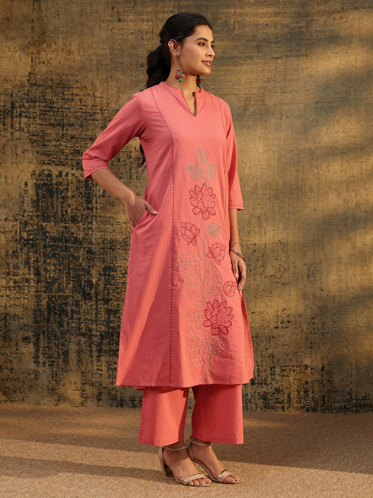 Anouk Peach Pink Floral Embroidered Cotton Co-Ord Set