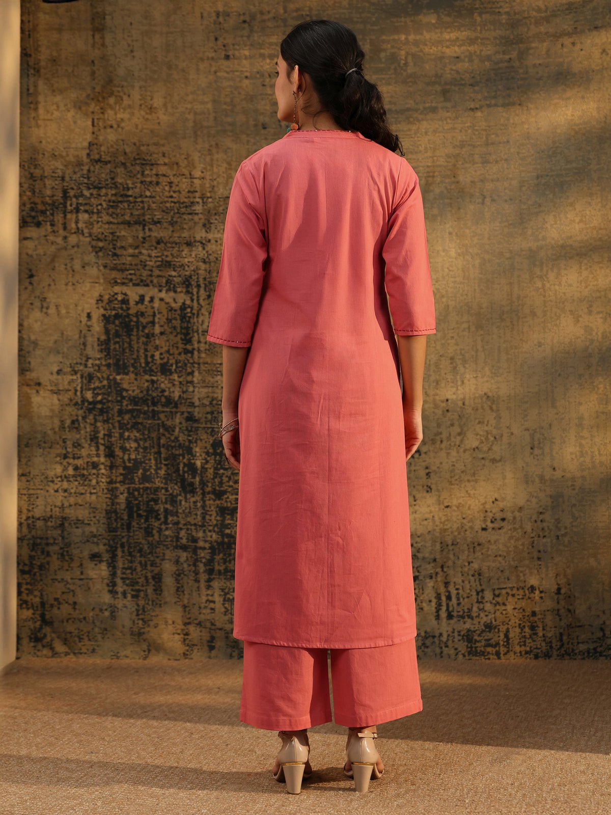 Anouk Peach Pink Floral Embroidered Cotton Co-Ord Set