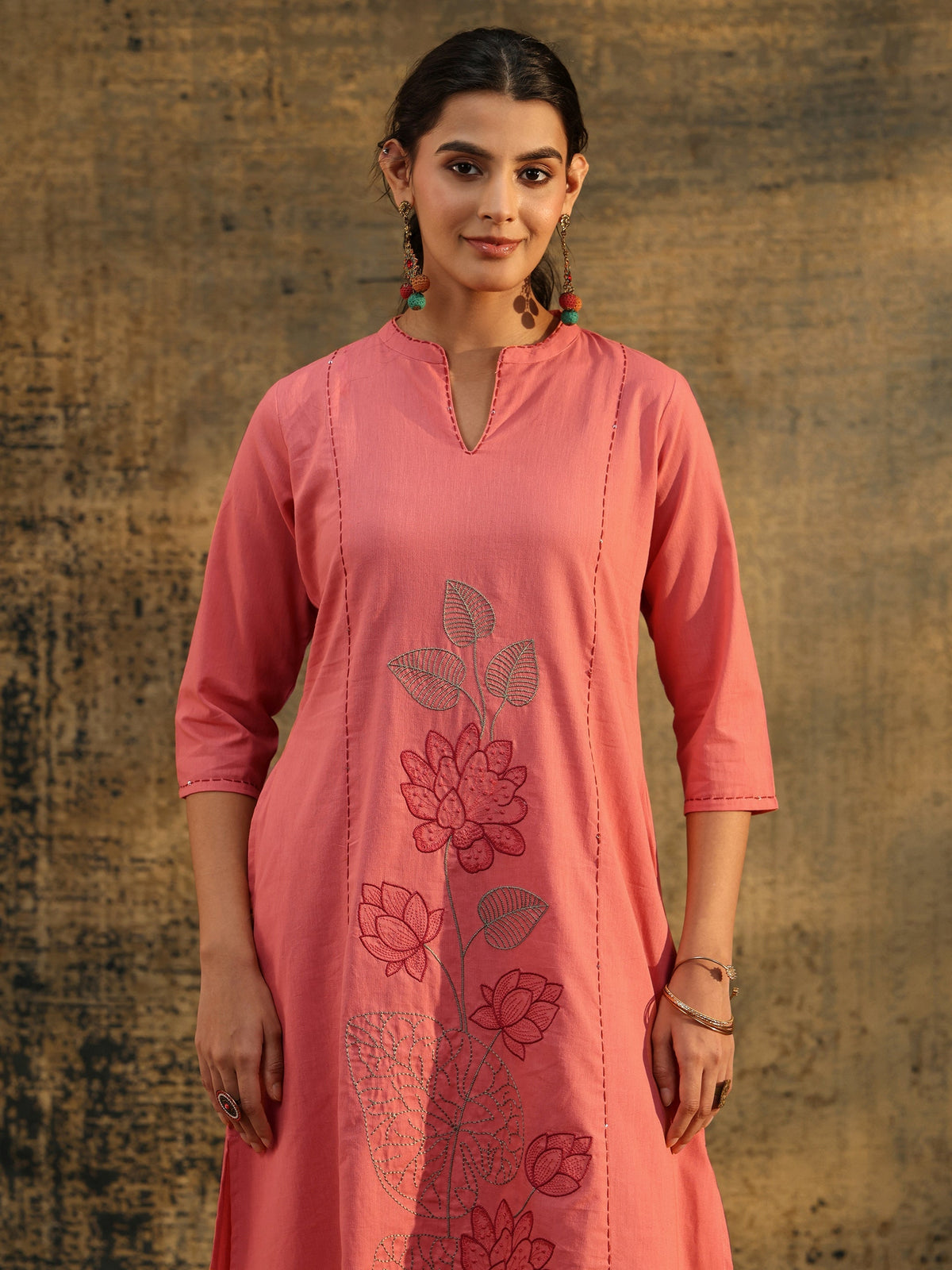 Anouk Peach Pink Floral Embroidered Cotton Co-Ord Set