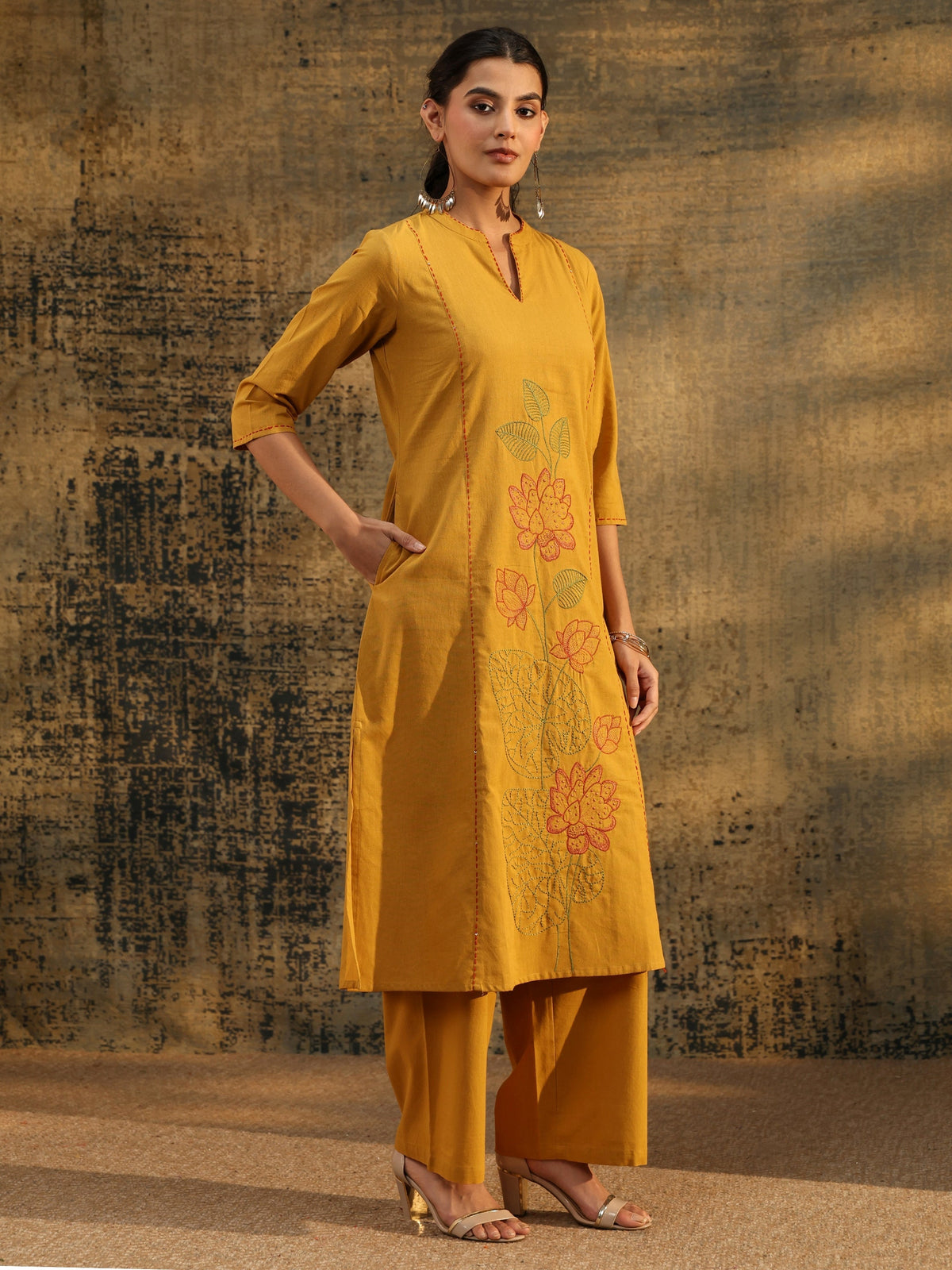 Anouk Mustard Floral Embroidered Cotton Co-Ord Set