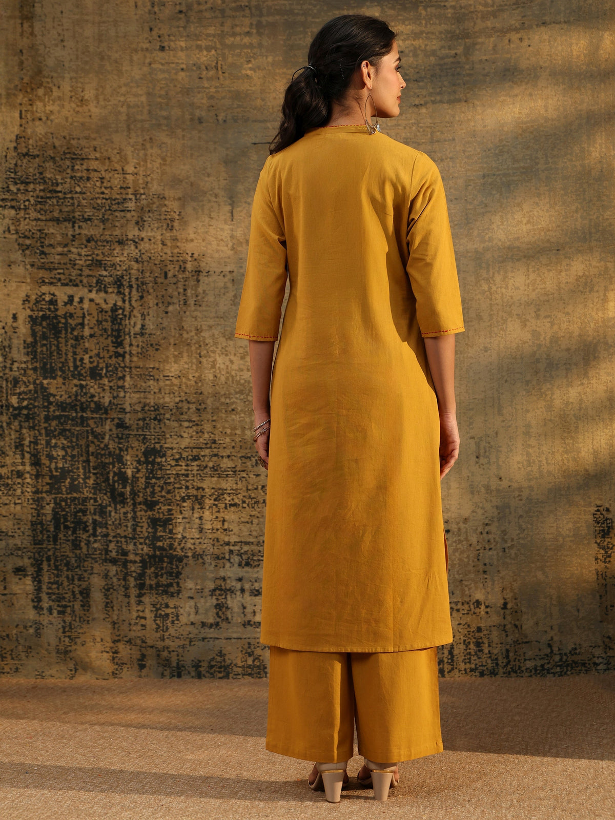 Anouk Mustard Floral Embroidered Cotton Co-Ord Set