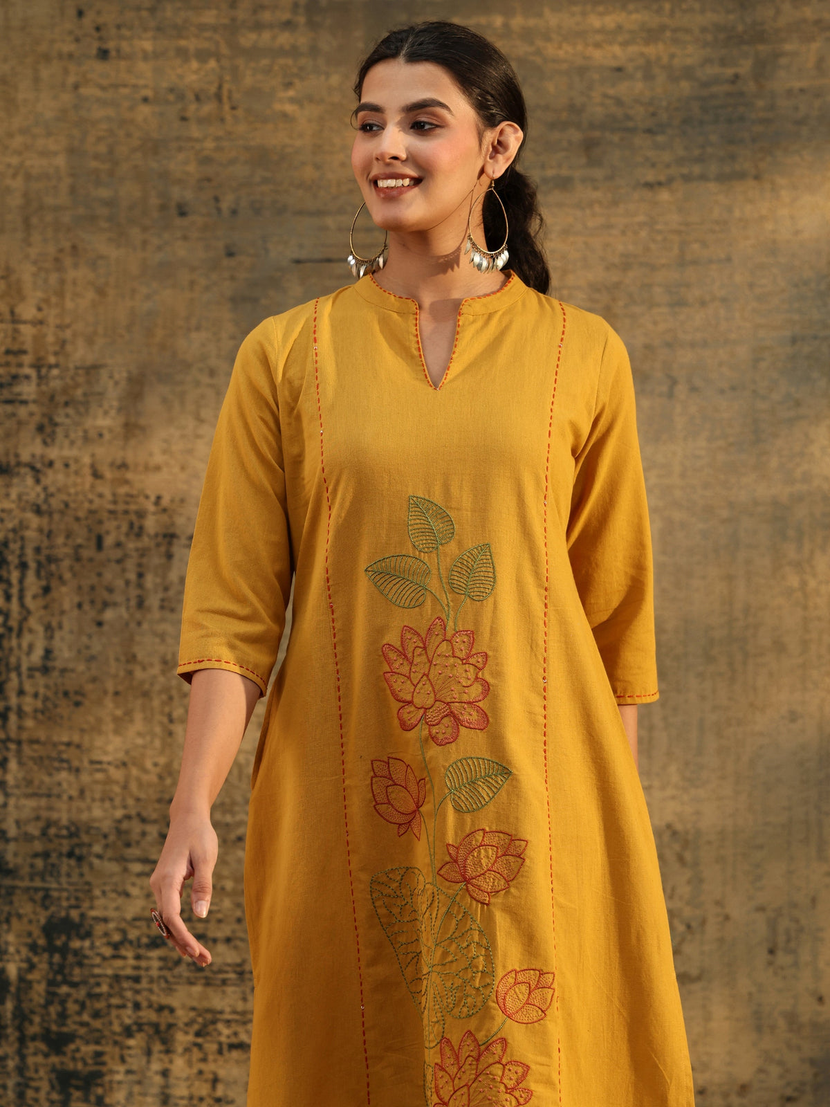 Anouk Mustard Floral Embroidered Cotton Co-Ord Set