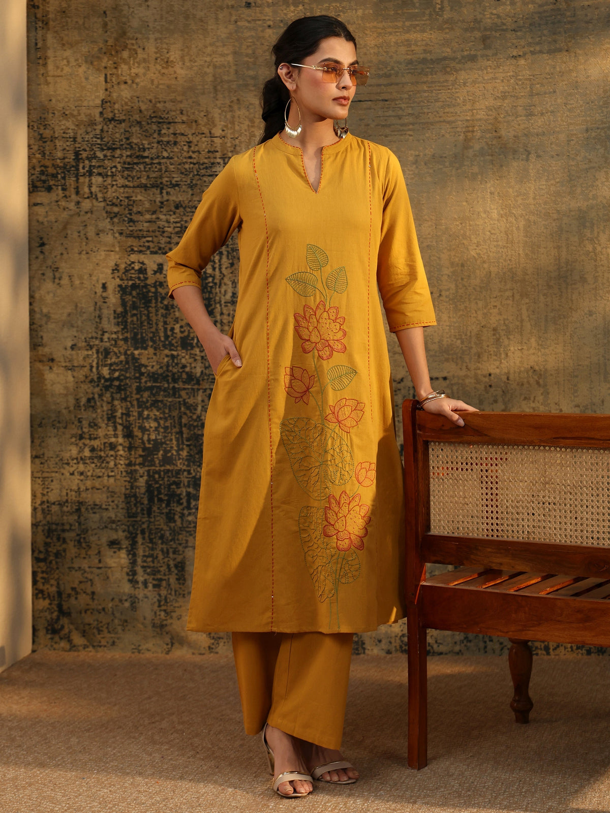 Anouk Mustard Floral Embroidered Cotton Co-Ord Set