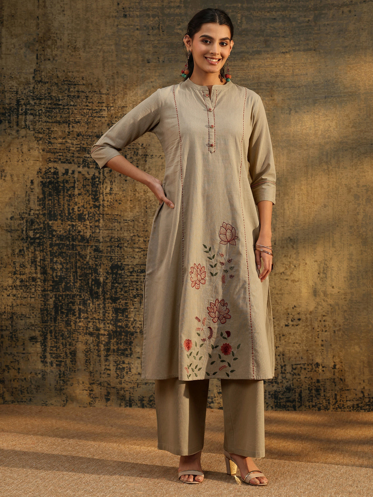 Anouk Beige Floral Embroidered Cotton Co-Ord Set