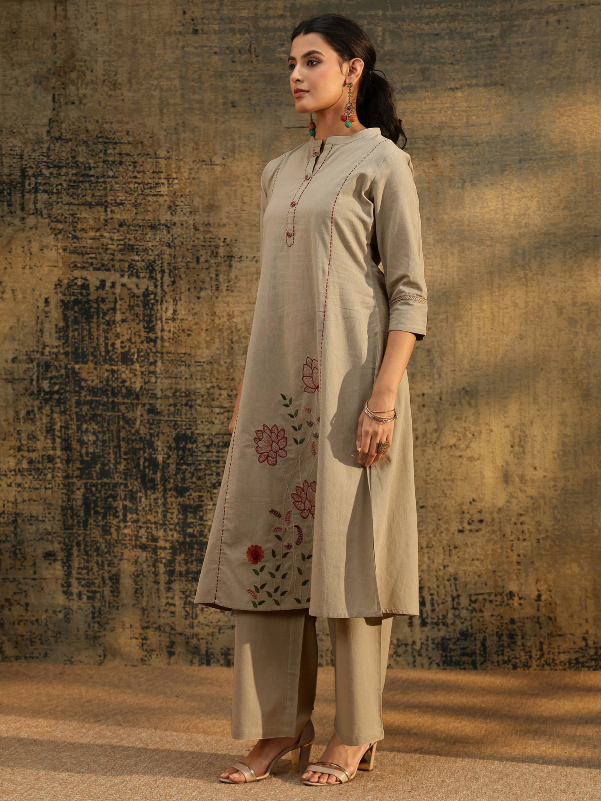 Anouk Beige Floral Embroidered Cotton Co-Ord Set