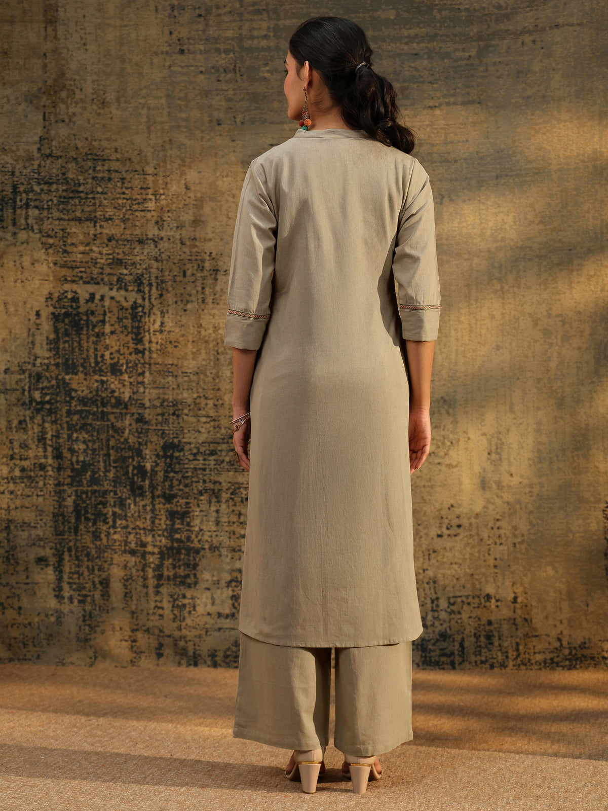 Anouk Beige Floral Embroidered Cotton Co-Ord Set