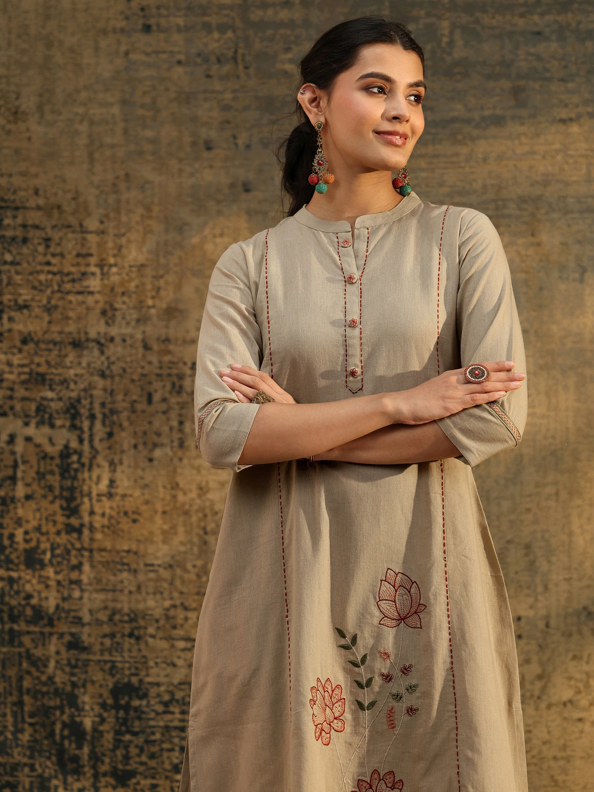 Anouk Beige Floral Embroidered Cotton Co-Ord Set