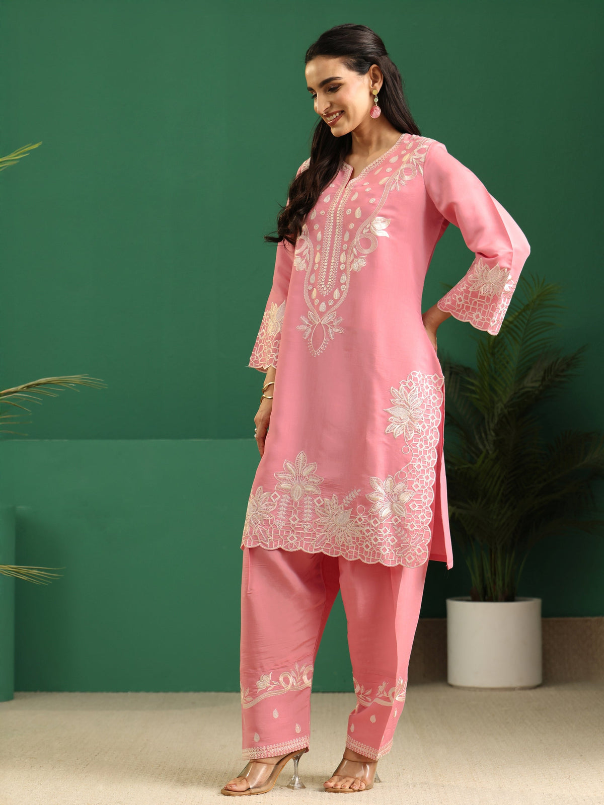 Anouk Baby Pink Floral Embroidered Silk Blend Farshi Suit Set