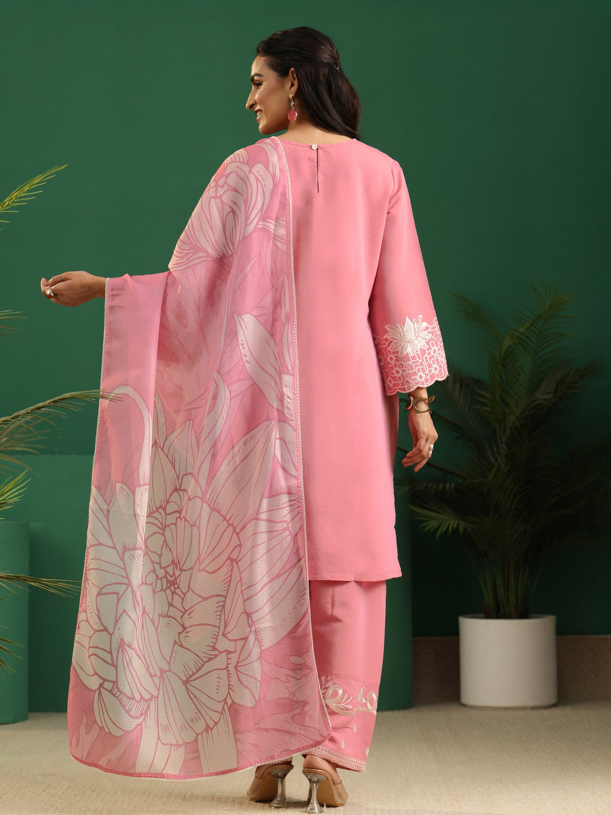 Anouk Baby Pink Floral Embroidered Silk Blend Farshi Suit Set