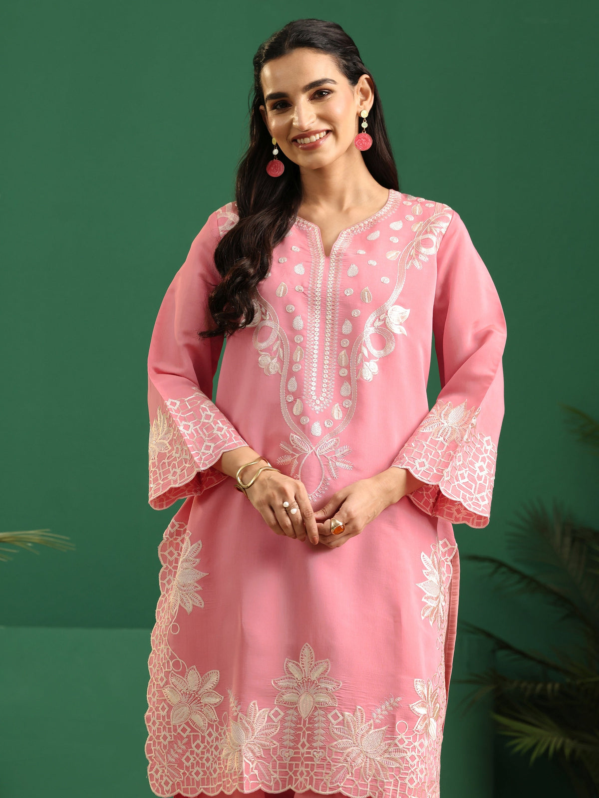 Anouk Baby Pink Floral Embroidered Silk Blend Farshi Suit Set