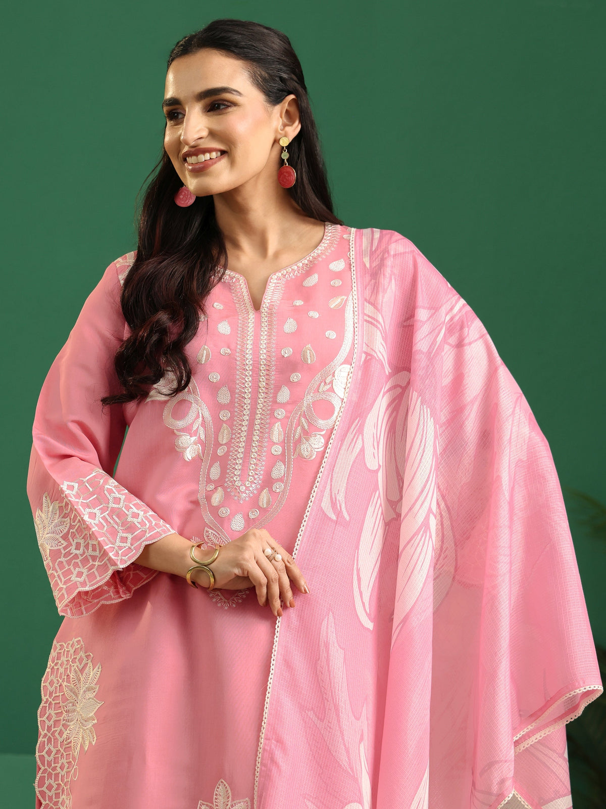 Anouk Baby Pink Floral Embroidered Silk Blend Farshi Suit Set