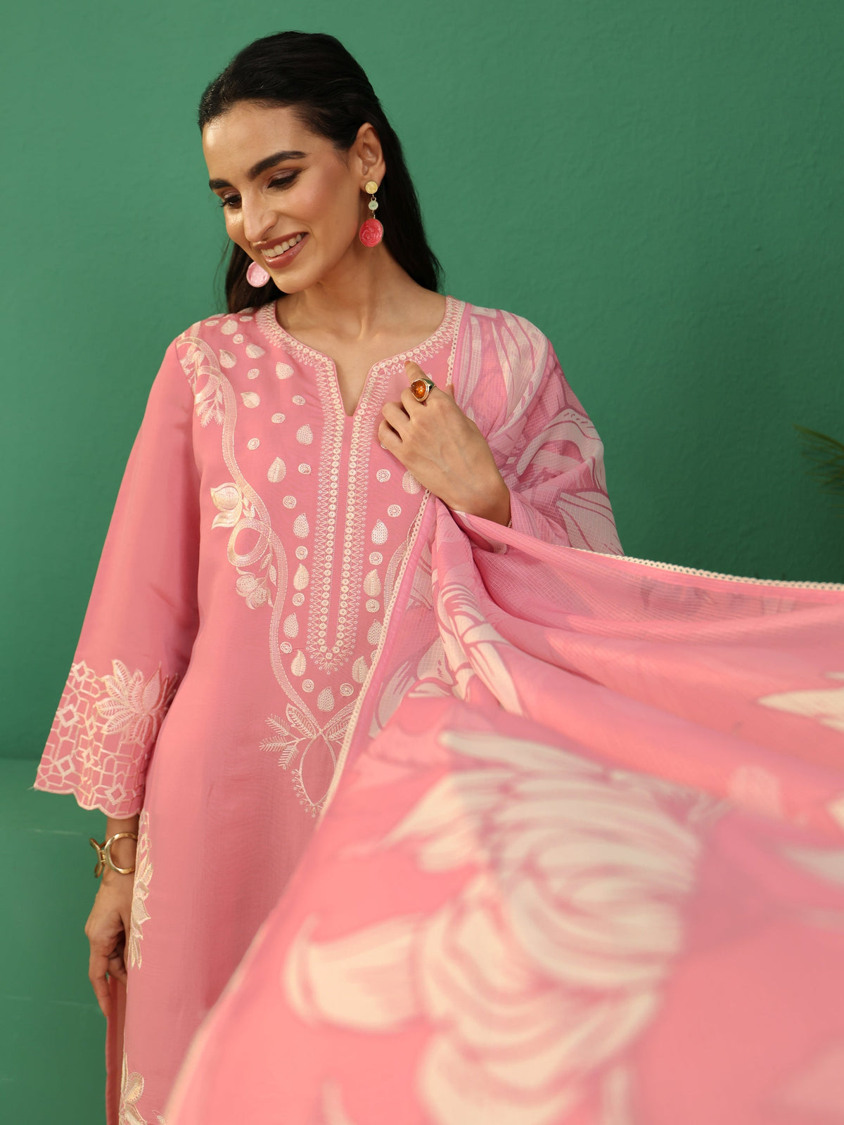 Anouk Baby Pink Floral Embroidered Silk Blend Farshi Suit Set