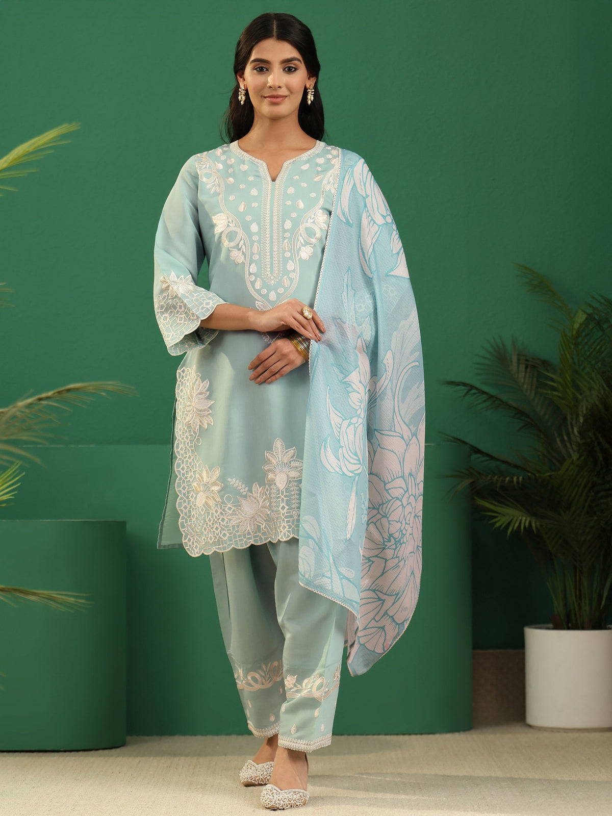 Anouk Light Sea Green Floral Embroidered Silk Blend Farshi Suit Set