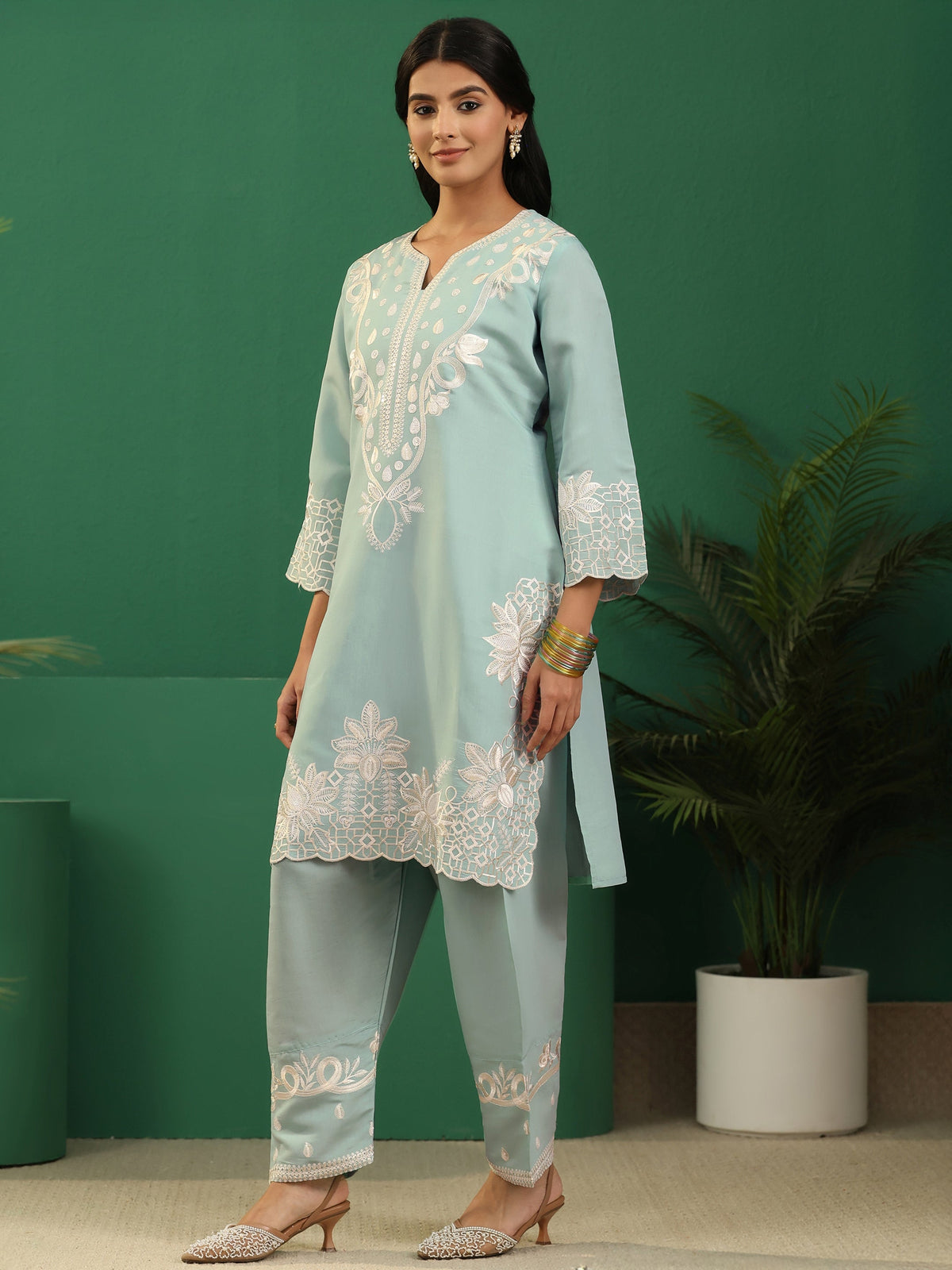 Anouk Light Sea Green Floral Embroidered Silk Blend Farshi Suit Set