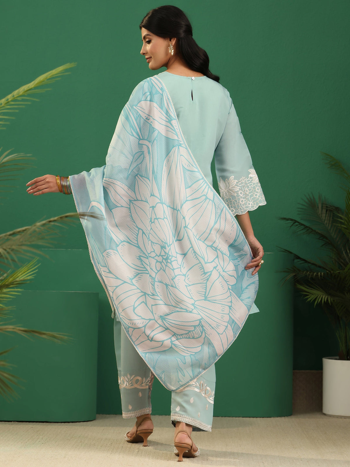 Anouk Light Sea Green Floral Embroidered Silk Blend Farshi Suit Set