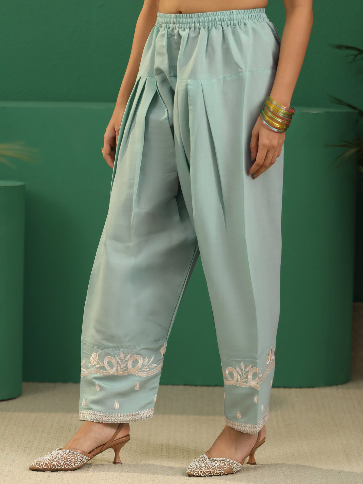 Anouk Light Sea Green Floral Embroidered Silk Blend Farshi Suit Set