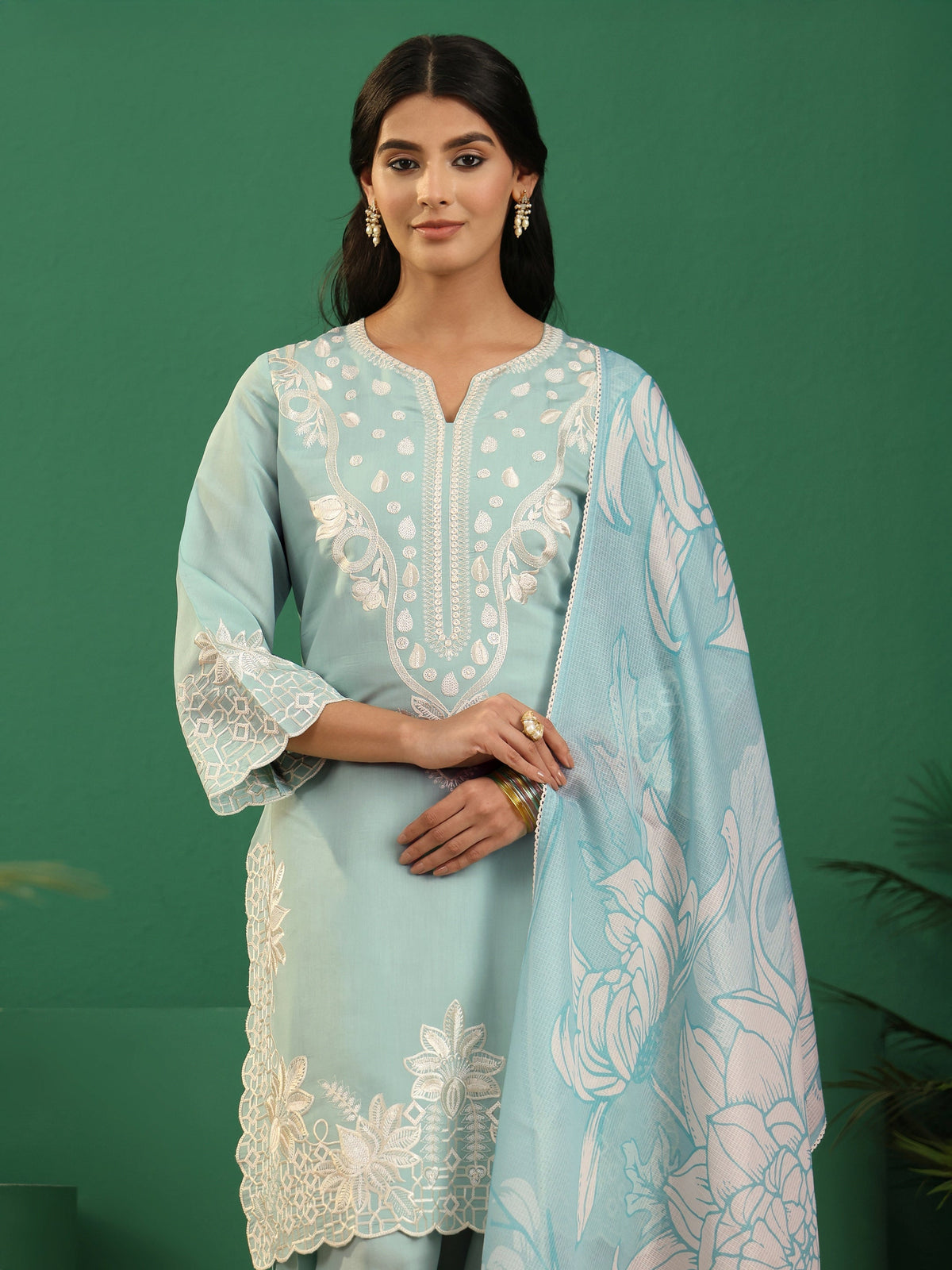 Anouk Light Sea Green Floral Embroidered Silk Blend Farshi Suit Set