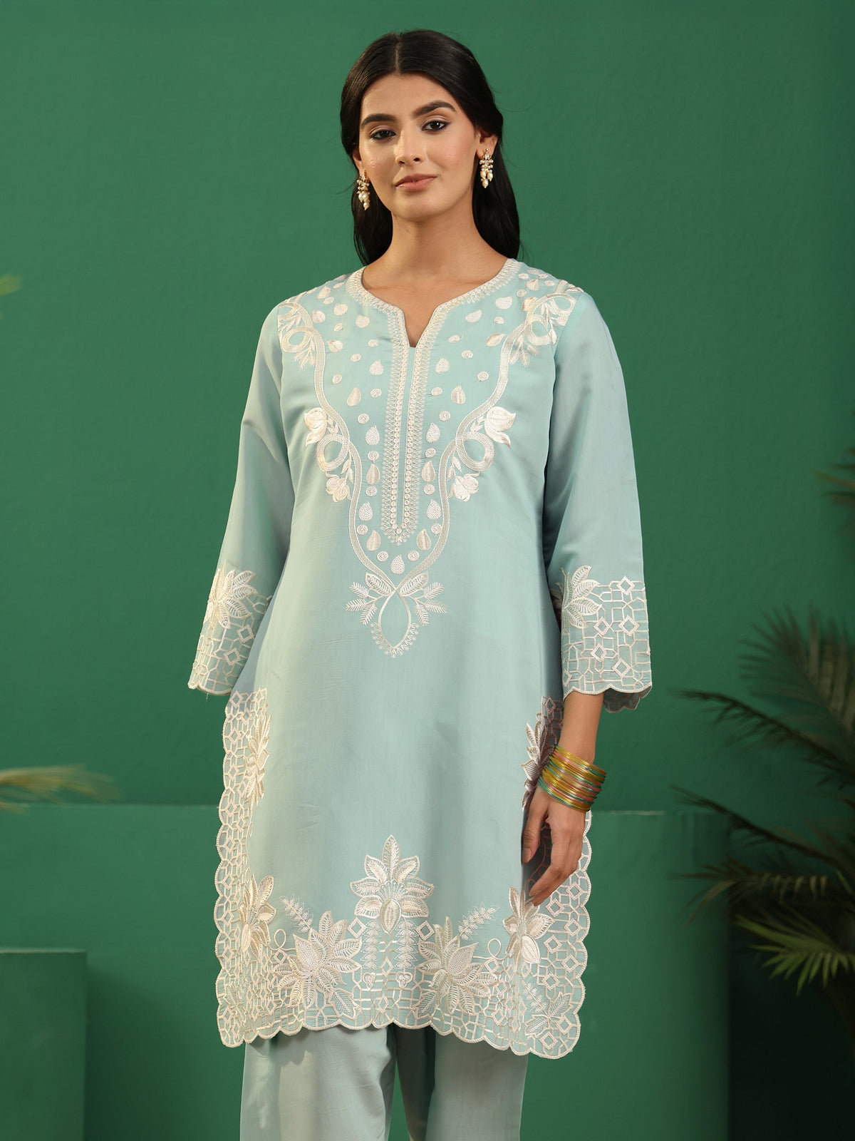Anouk Light Sea Green Floral Embroidered Silk Blend Farshi Suit Set