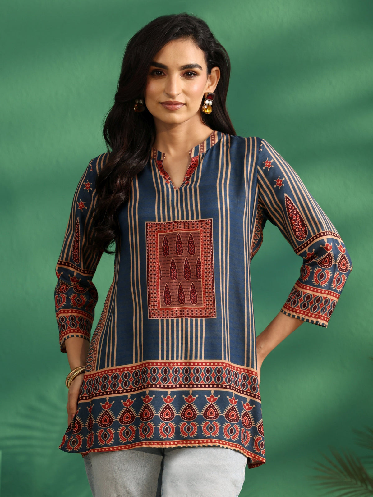 Anouk Blue Striped Silk Blend Short Kurti