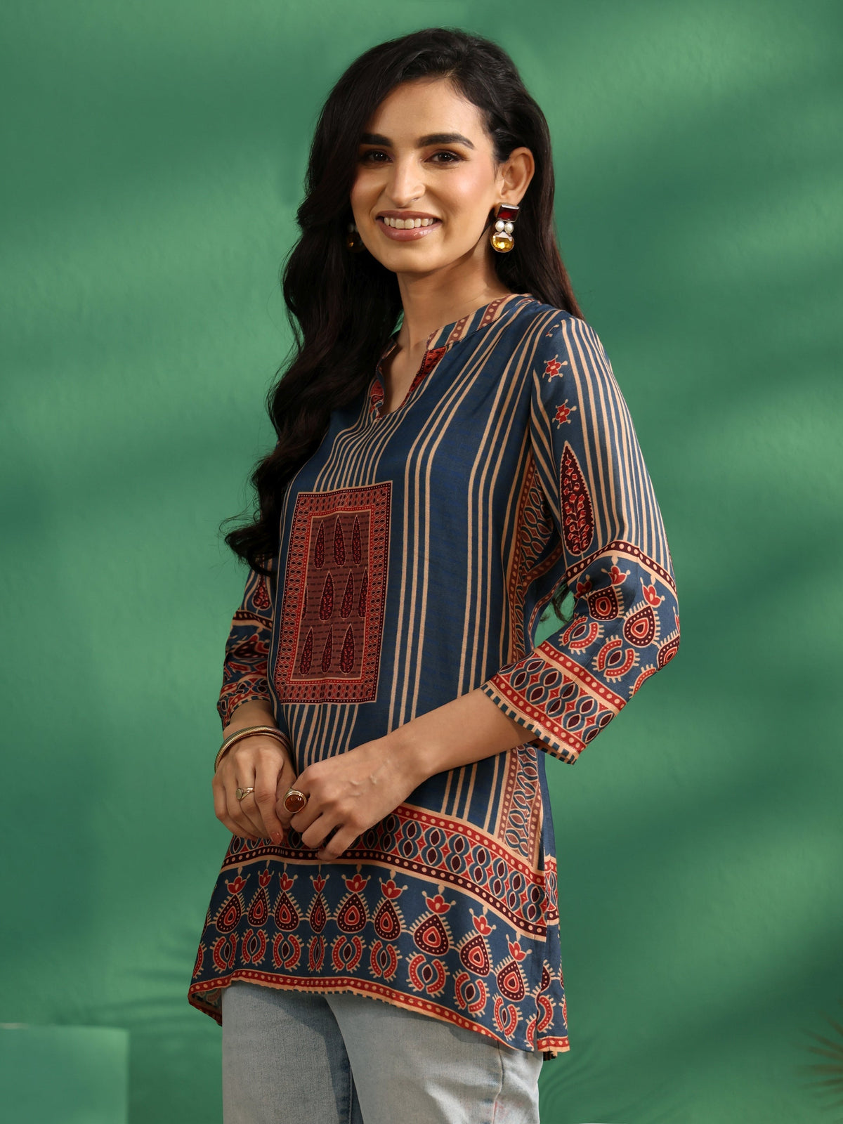 Anouk Blue Striped Silk Blend Short Kurti