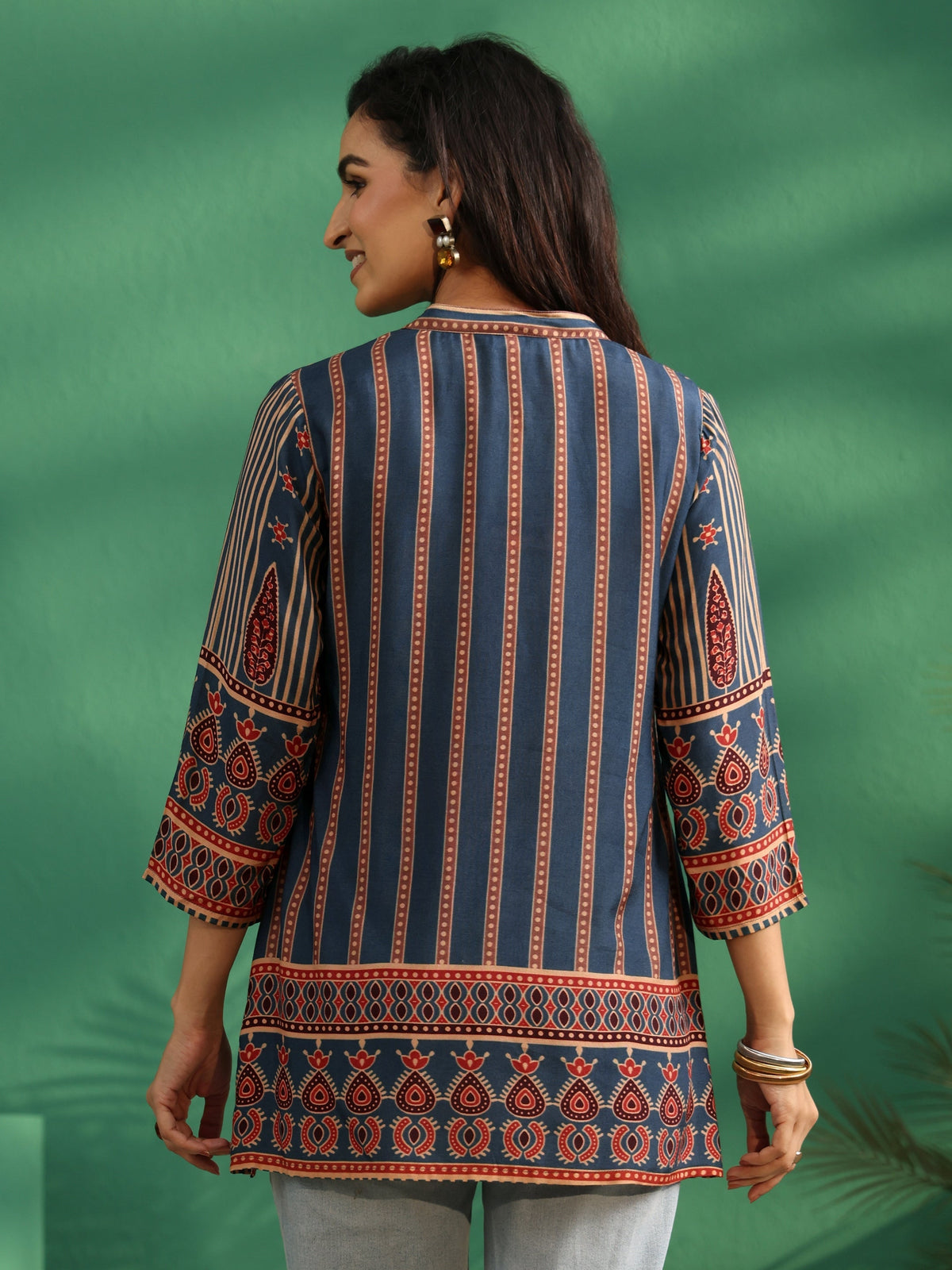 Anouk Blue Striped Silk Blend Short Kurti