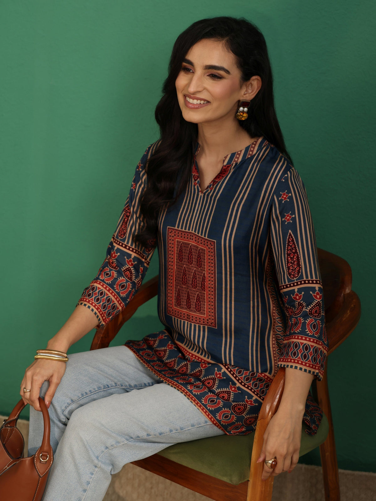 Anouk Blue Striped Silk Blend Short Kurti