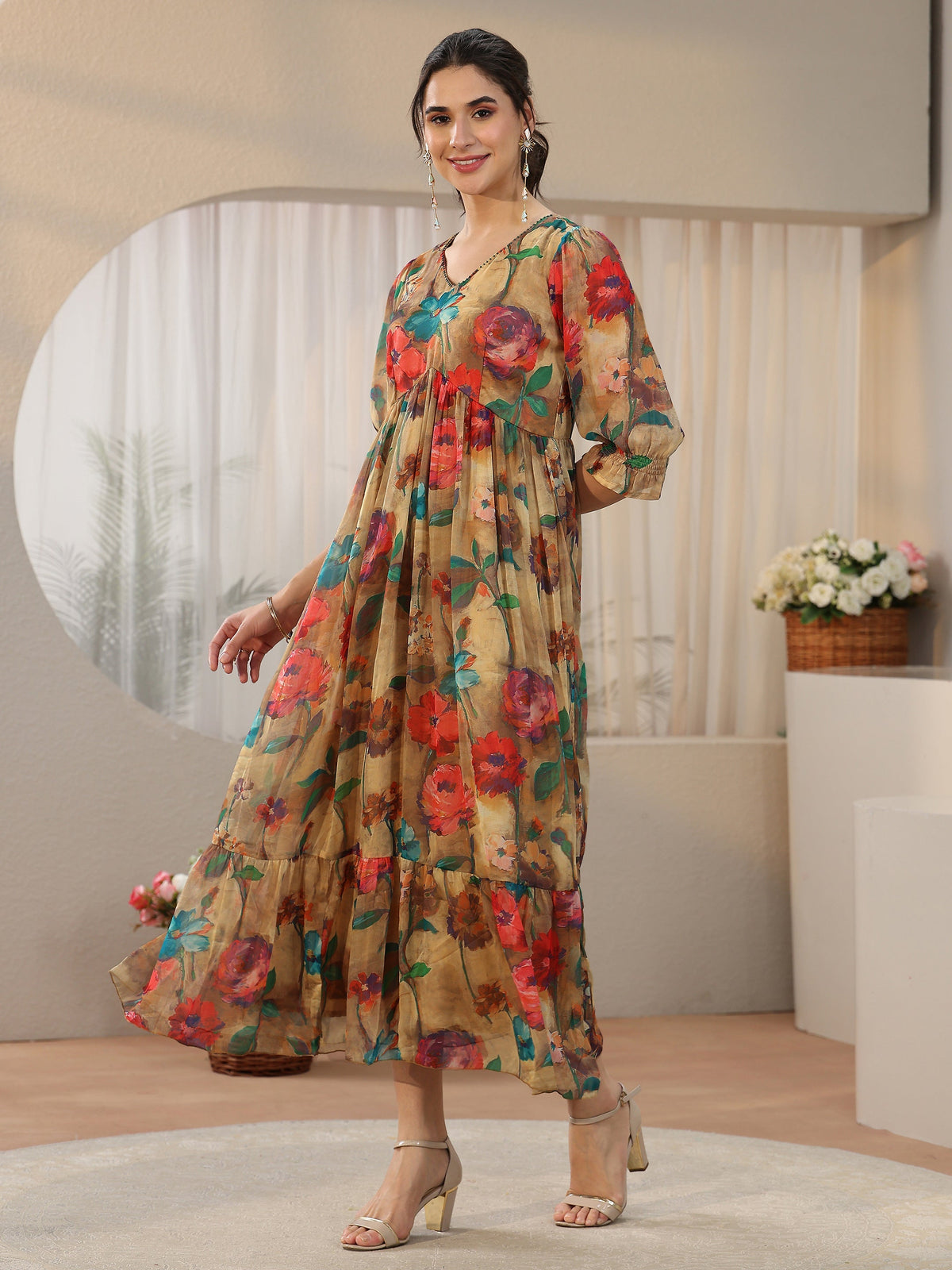 Anouk Multicolour Floral Printed Empire Chiffon Dress