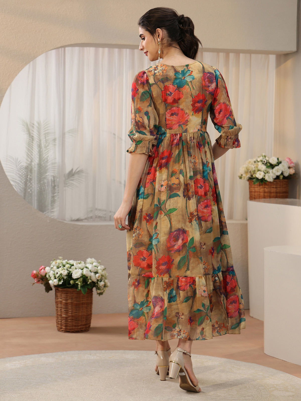 Anouk Multicolour Floral Printed Empire Chiffon Dress