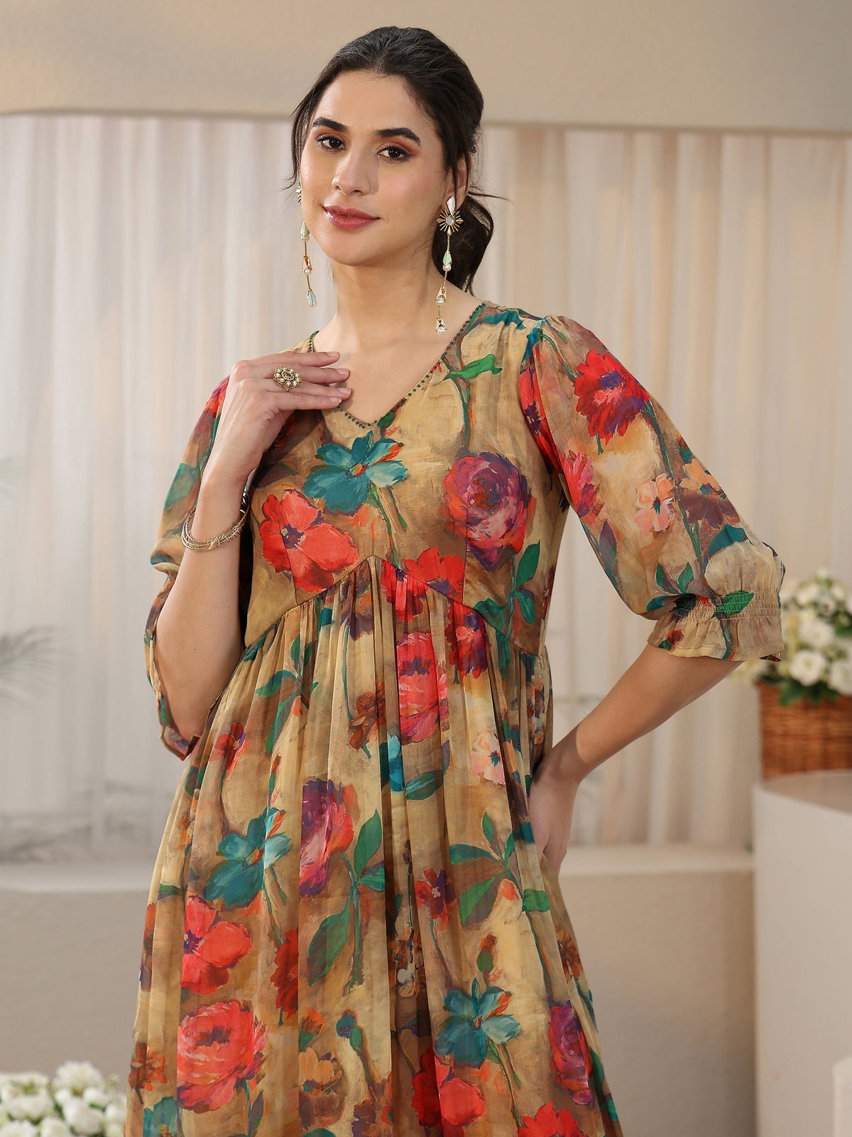 Anouk Multicolour Floral Printed Empire Chiffon Dress