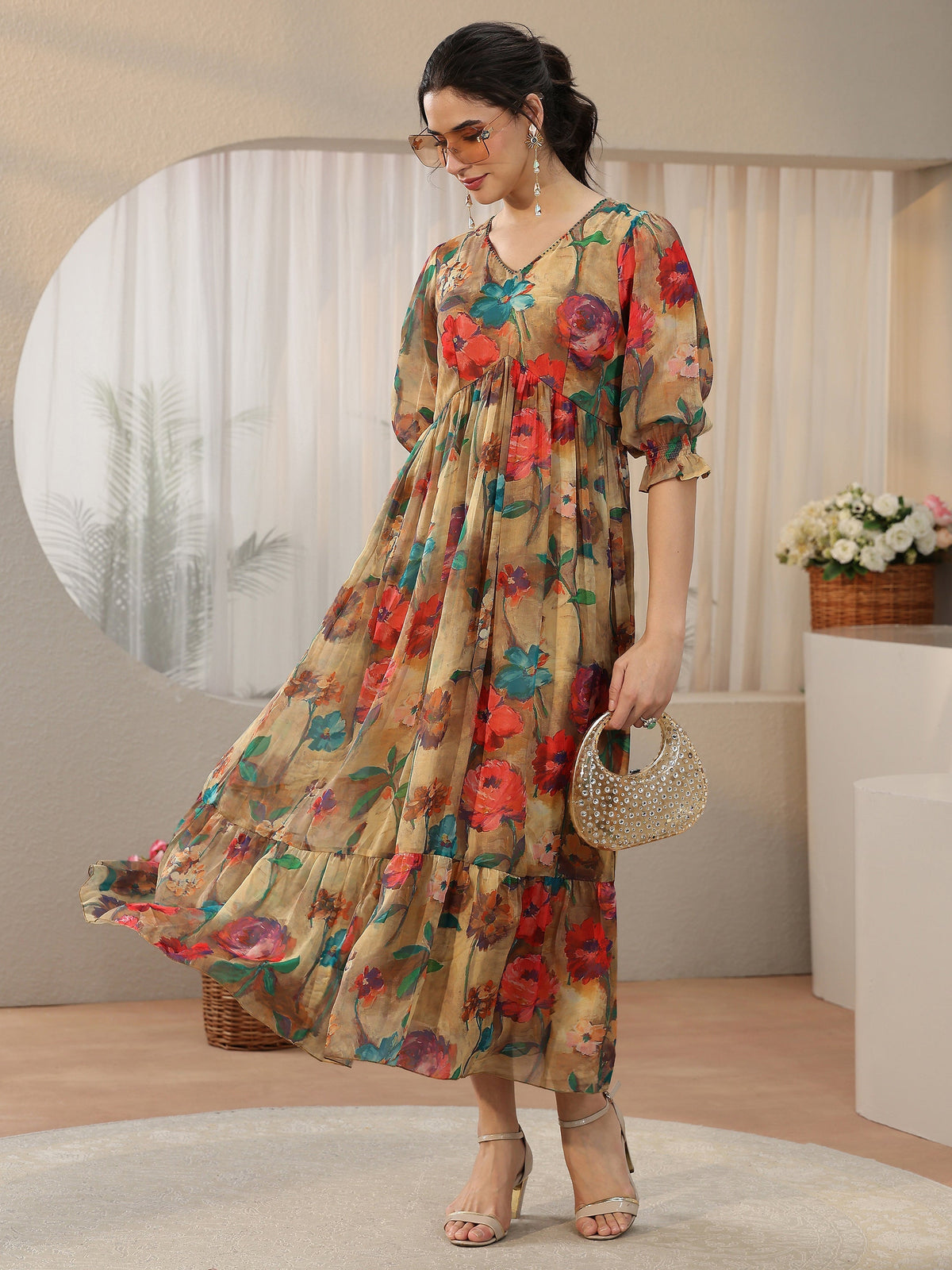 Anouk Multicolour Floral Printed Empire Chiffon Dress