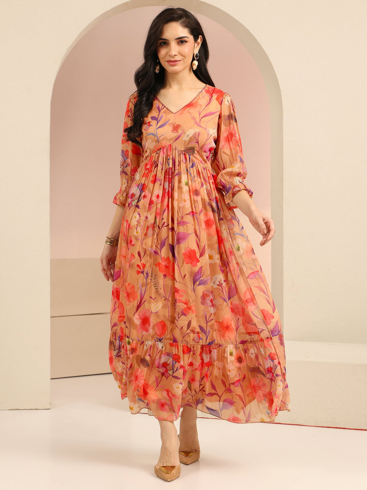 Anouk Beige Floral Printed Chiffon Empire Dress