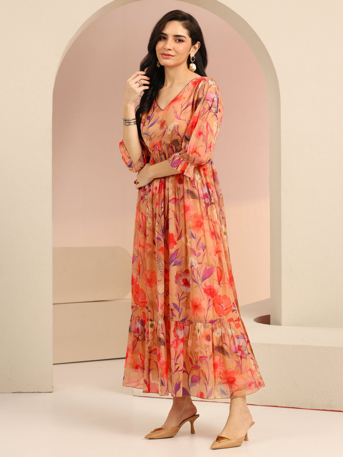 Anouk Beige Floral Printed Chiffon Empire Dress