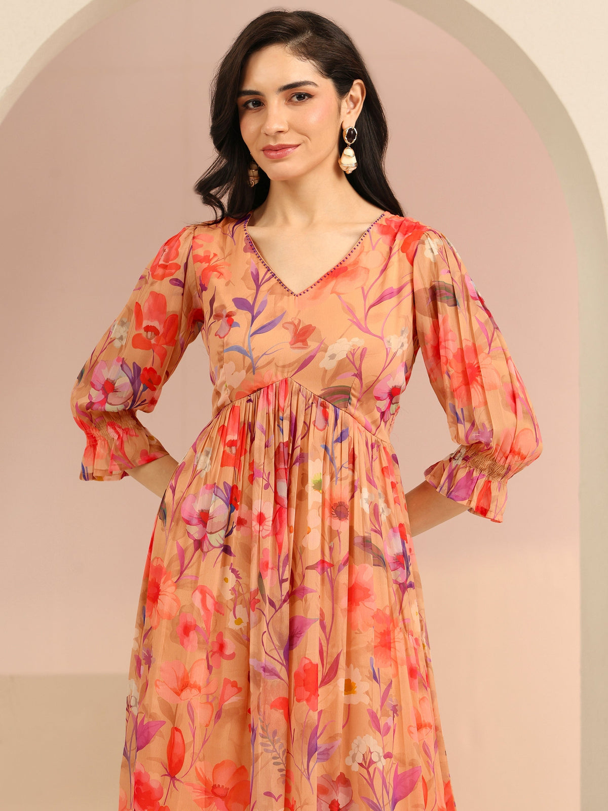 Anouk Beige Floral Printed Chiffon Empire Dress