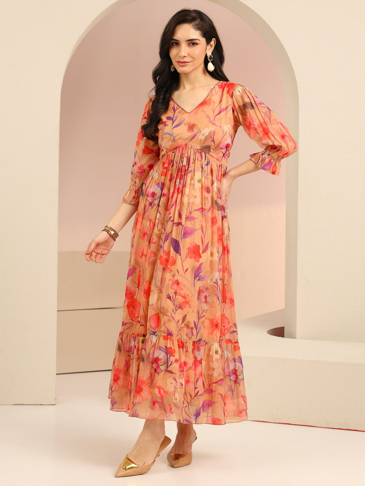 Anouk Beige Floral Printed Chiffon Empire Dress
