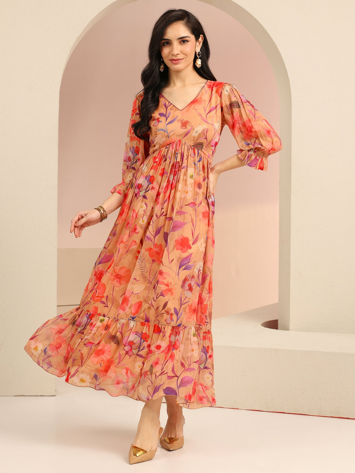 Anouk Beige Floral Printed Chiffon Empire Dress