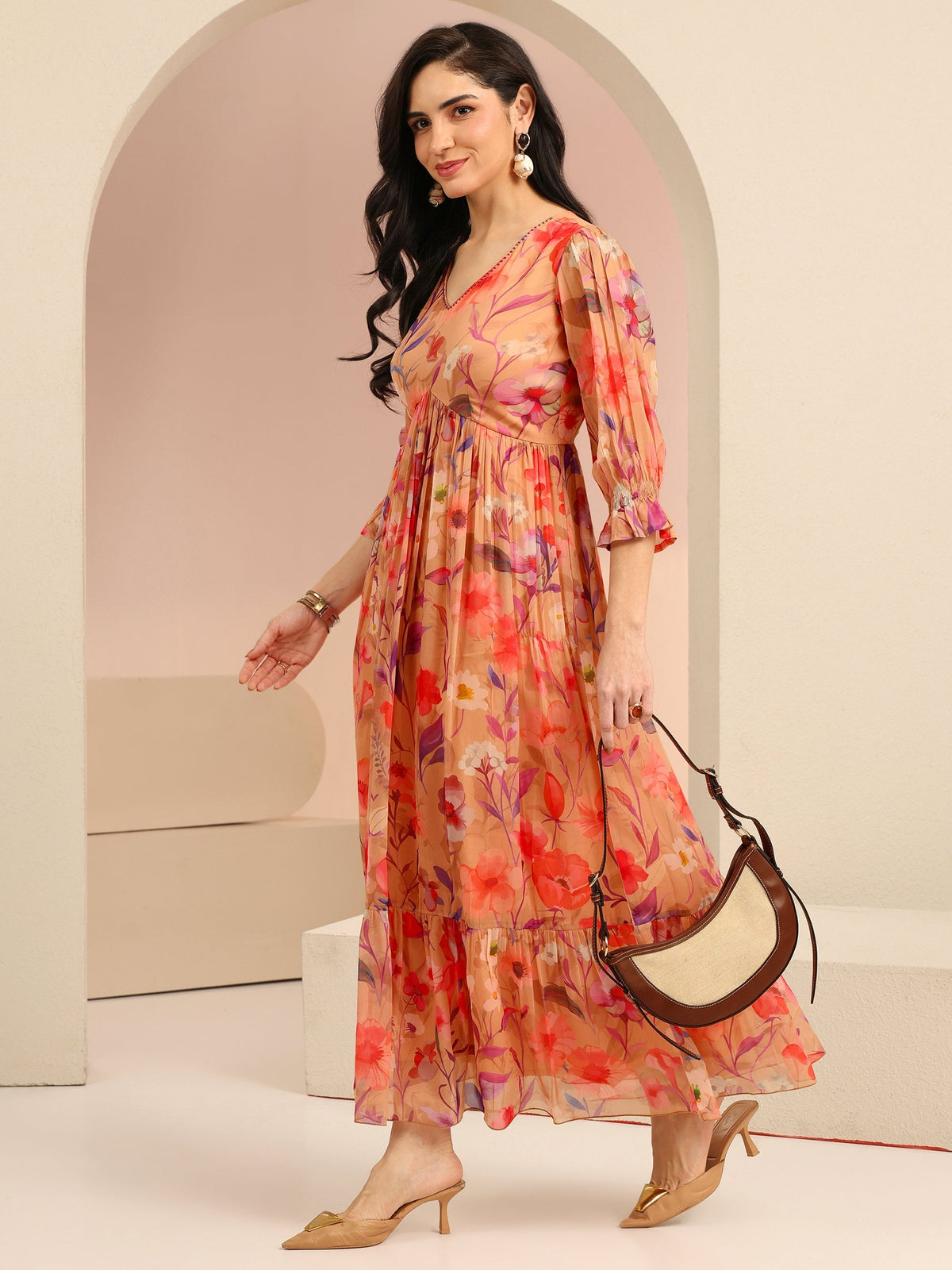 Anouk Beige Floral Printed Chiffon Empire Dress