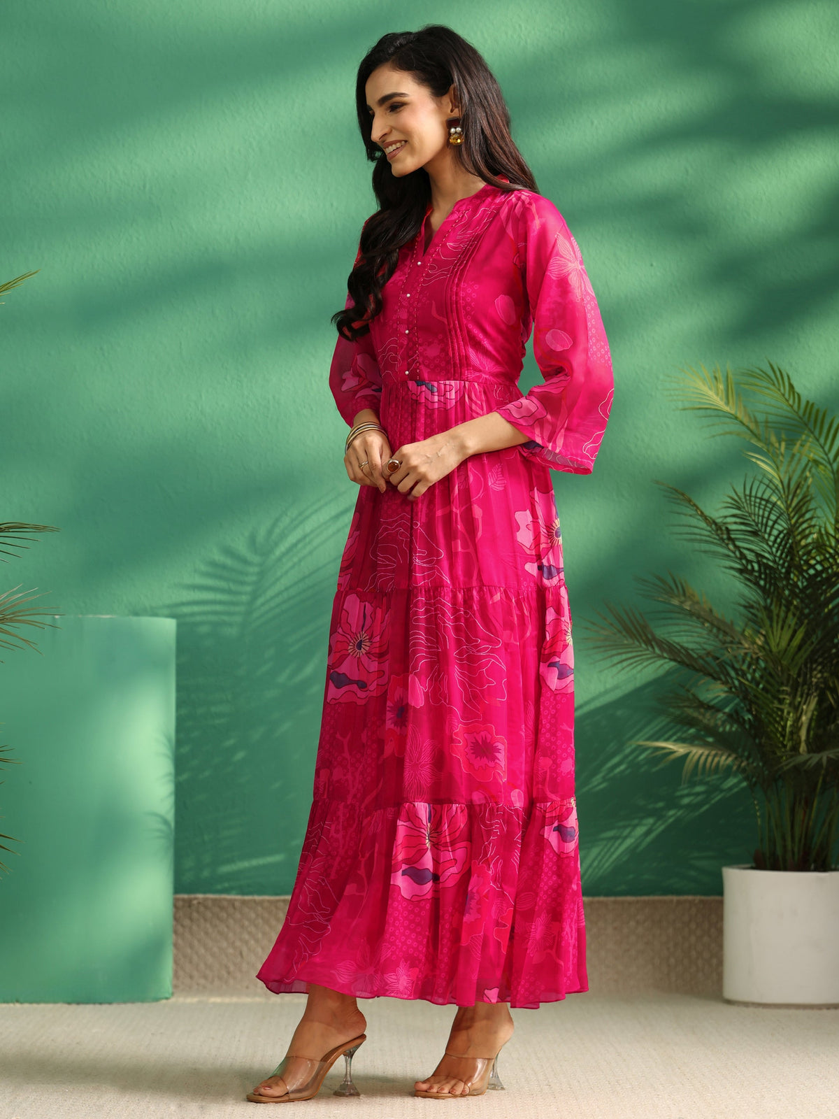 Anouk Fuchsia Pink Floral Printed Chiffon Tiered Dress